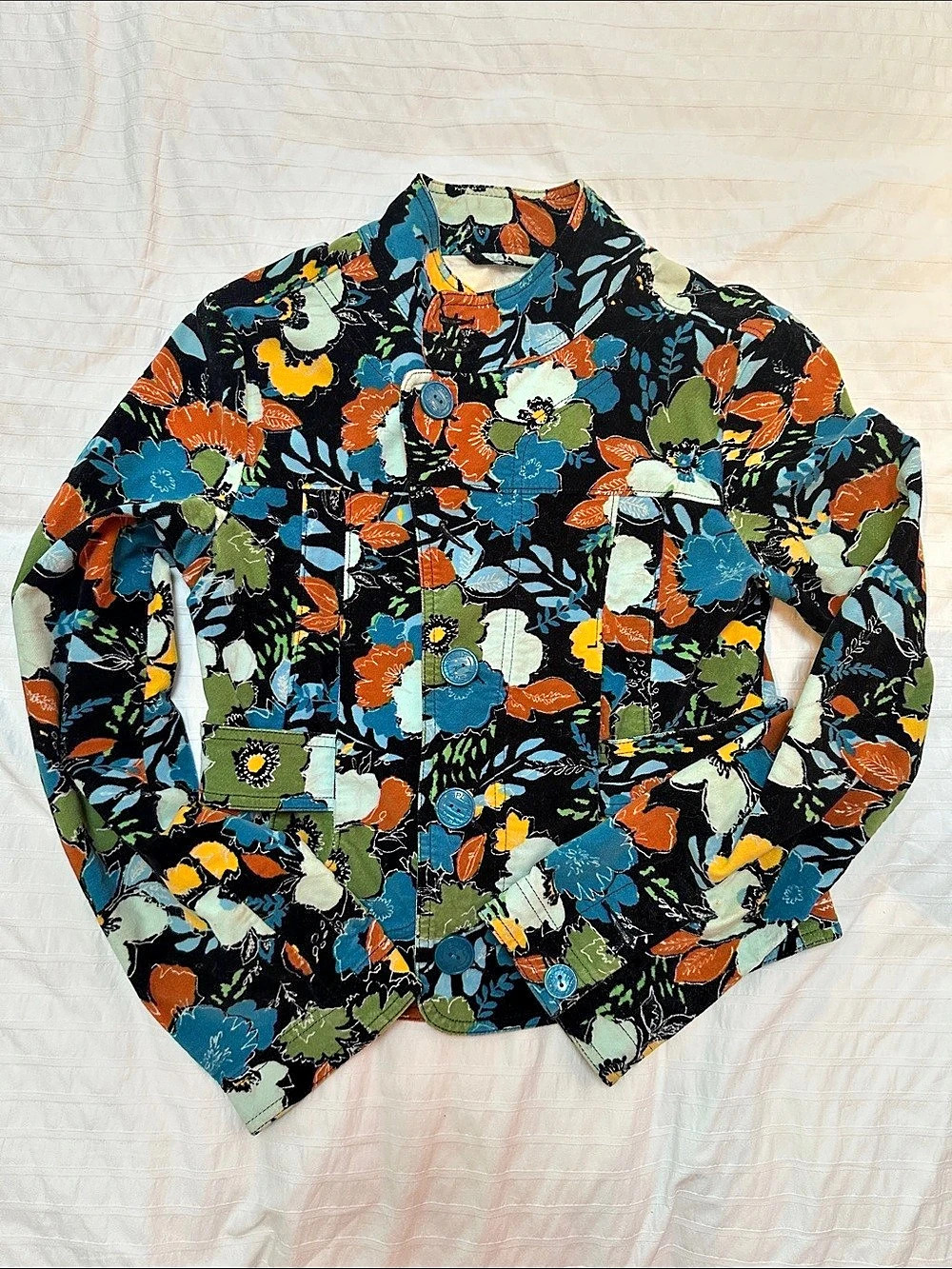Vintage Split Floral Print Jacket in Black & Multicolour Velour Size Small